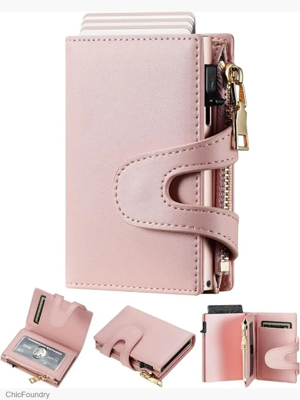RFID Leather Pop Up Card Wallet Slim Mini Zipper Coin Pocket
